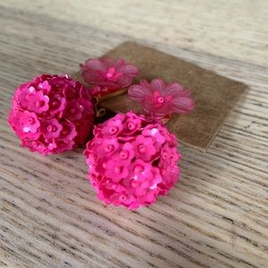 Hand Beaded, Sachin + Babi Pink Beaded Flower and Ball Clip on Earrings